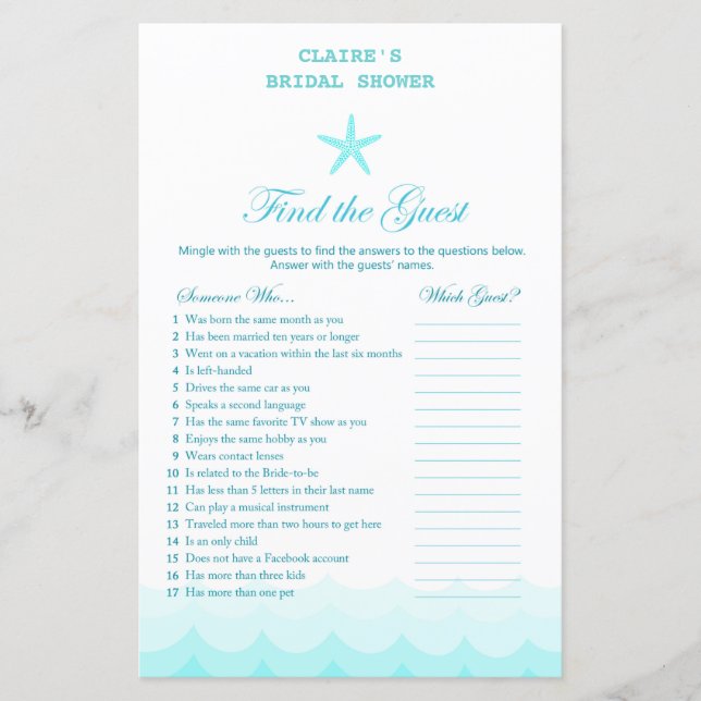 Beach Bridal Shower Game, Nautical, Mermaid (Front)
