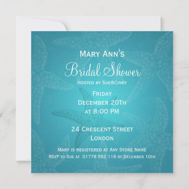 Beach Bridal Shower Starfish Blue Invitation (Back)