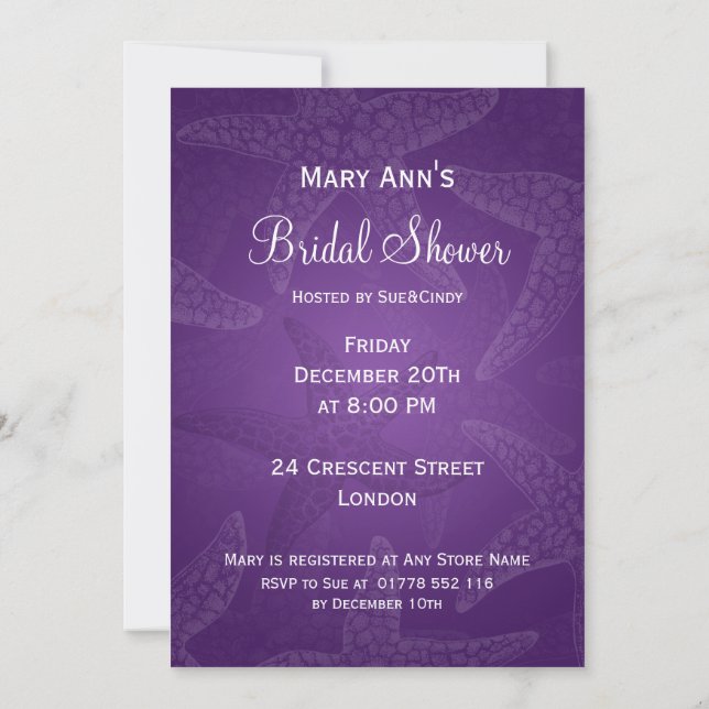 Beach Bridal Shower Starfish Purple Invitation (Back)