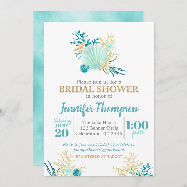 Beach Bridal Shower Teal and Gold Watercolor Invitation (Front/Back)