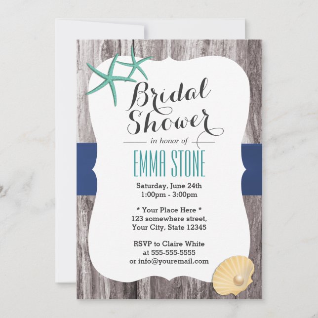 Beach Bridal Shower Teal Starfish Rustic Wood Invitation (Front)