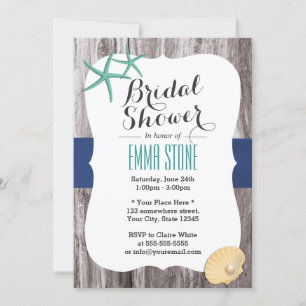 Beach Bridal Shower Teal Starfish Rustic Wood Invitation