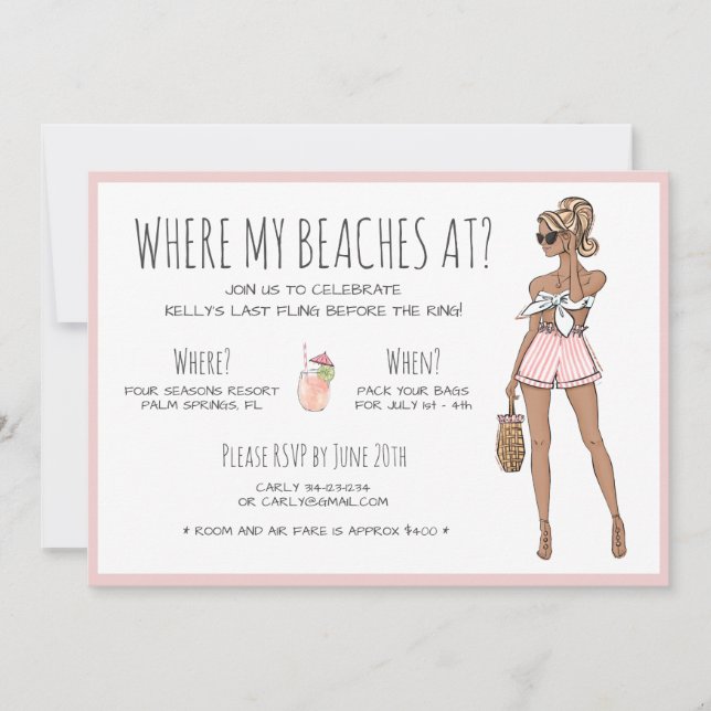 Beach Bride Bachelorette Party Weekend Itinerary   Invitation (Front)