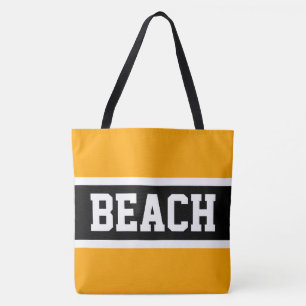 BEACH Bright Yellow Orange Black White Stripes Tote Bag