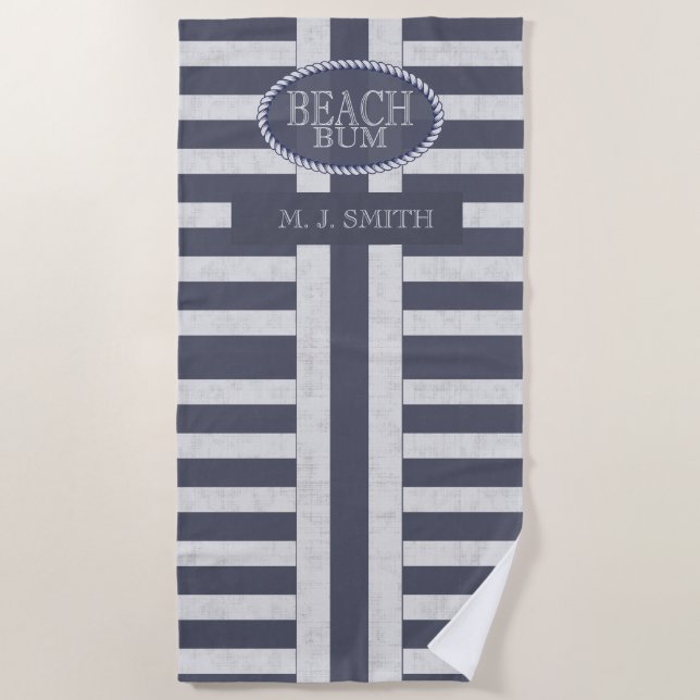 Beach Bum Bold Nautical Stripes and Name Beach Towel (Front)