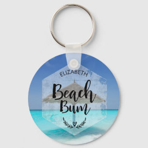 Beach Bum Typography - Umbrella on Tropical Beach Key Ring