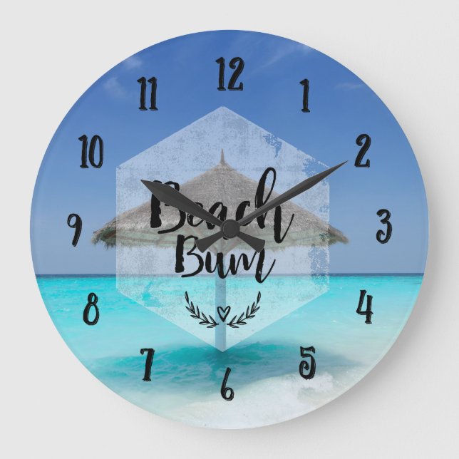 Beach Bum Typography - Umbrella on Tropical Beach Large Clock (Front)