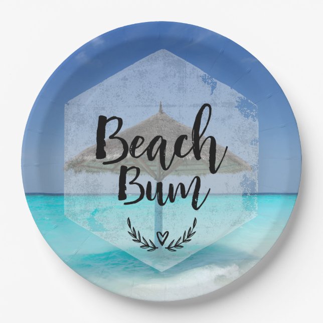 Beach Bum Typography - Umbrella on Tropical Beach Paper Plate (Front)