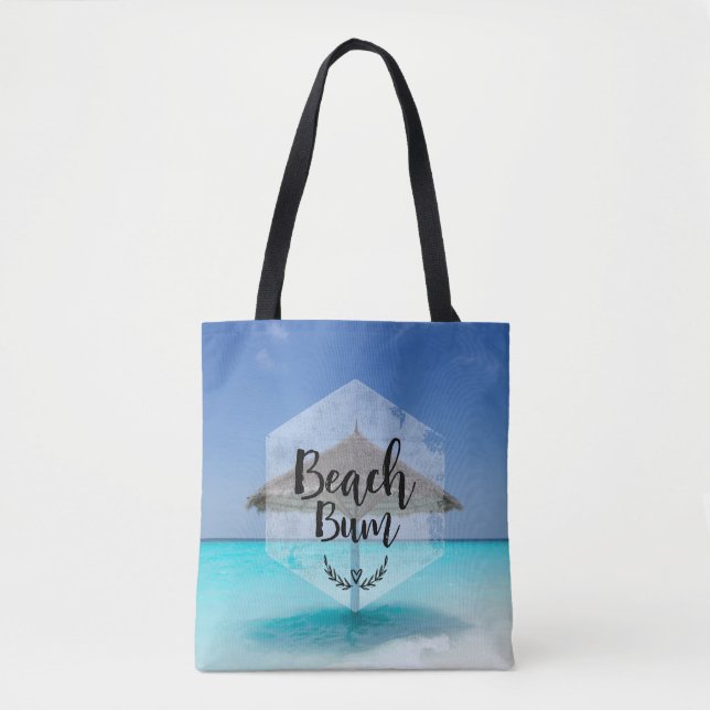 Beach Bum Typography - Umbrella on Tropical Beach Tote Bag (Front)