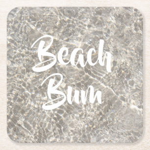 Beach bum water on beach sand square paper coaster