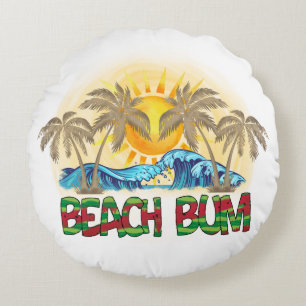 Beach Bum Watermelon, Ocean Waves & Tropical Sun Round Cushion