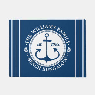 Beach Bungalow   Nautical Navy Anchor Custom Name Doormat
