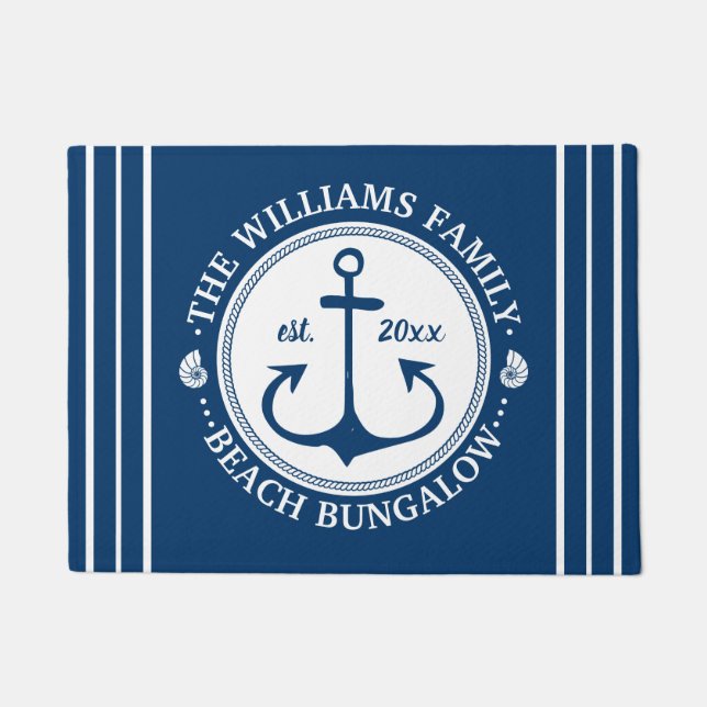 Beach Bungalow | Nautical Navy Anchor Custom Name Doormat (Front)