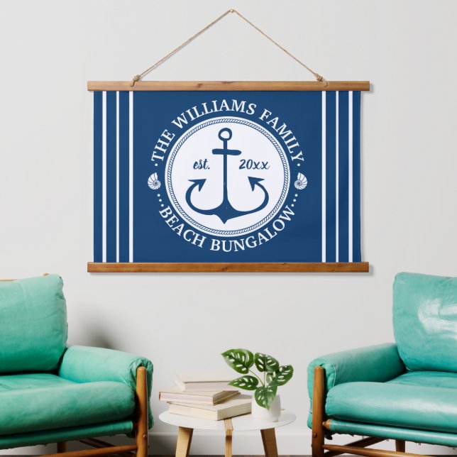 Beach Bungalow | Nautical Navy Anchor Custom Name Hanging Tapestry (Living Room)