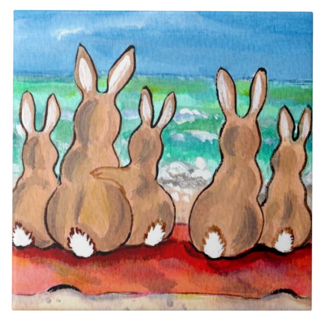 Beach Bunnies Family on Blanket 6" Tile Trivet (Front)