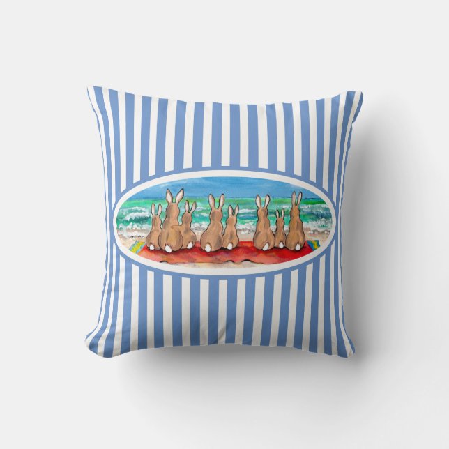 Beach Bunny Rabbit Vacation Blue Stripe Fun & Cute Cushion (Front)