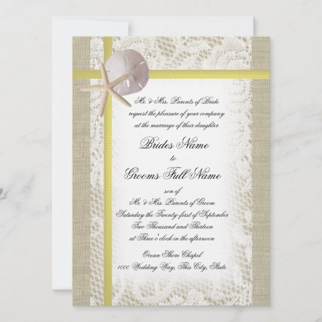 Beach Burlap and Lace Yellow Wedding Invitation (Front)