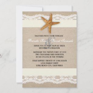 Beach Burlap Lace Wedding Invitation