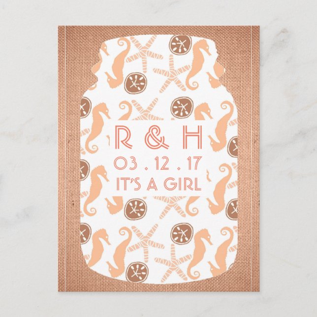 Beach Burlap Mason Jar Baby Announcement (Front)