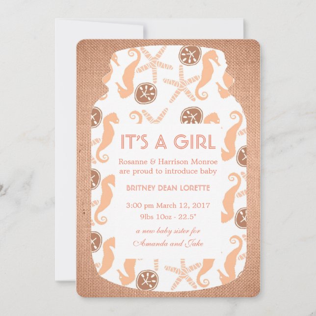 Beach Burlap Mason Jar Baby Announcement (Front)