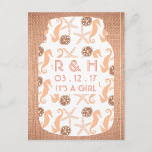 Beach Burlap Mason Jar Baby Announcement Postcard