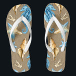 Beach Burlap Seashell Nautical Starfish   Seahorse Flip Flops<br><div class="desc">Beach Burlap & Seashell Nautical Starfish   Seahorse Flip Flops - features a printed burlap background with seahorses,  coral,  seashells and starfish.  Perfect for weddings,  bridal shower gifts,  holidays and more.</div>