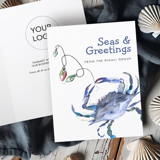 Beach Business Christmas Cards With Logo Crab (Beach business Christmas cards with logo watercolor crab art by Victoria Grigaliunas Do Tell A Belle)