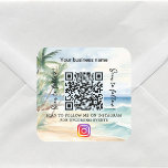 Beach business name qr code instagram square sticker<br><div class="desc">A watercolored tropical beach with palm trees as background. Personalise and add your business name,  your own qr code to your Instagram account and a text.  Black text.  With the text x2: Scan to follow!</div>