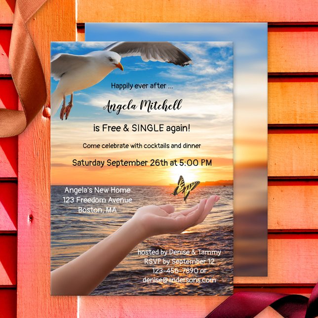 Beach Butterfly Freedom Divorce Party Invitation (Divorce party invitation featuring a butterfly, beach and the ultimate symbol of freedom: a seagull)