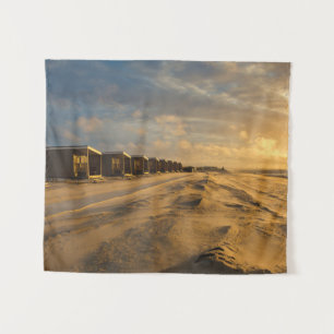 Beach cabins at sunset at the dutch coast tapestry