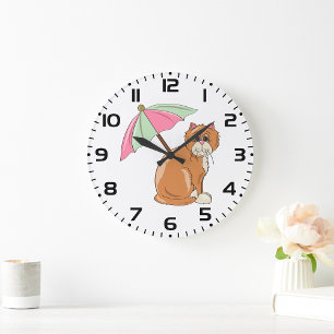 Beach Cat with Pink and Green Umbrella  Large Clock