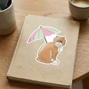 Beach Cat with Pink and Green Umbrella  Square Sticker