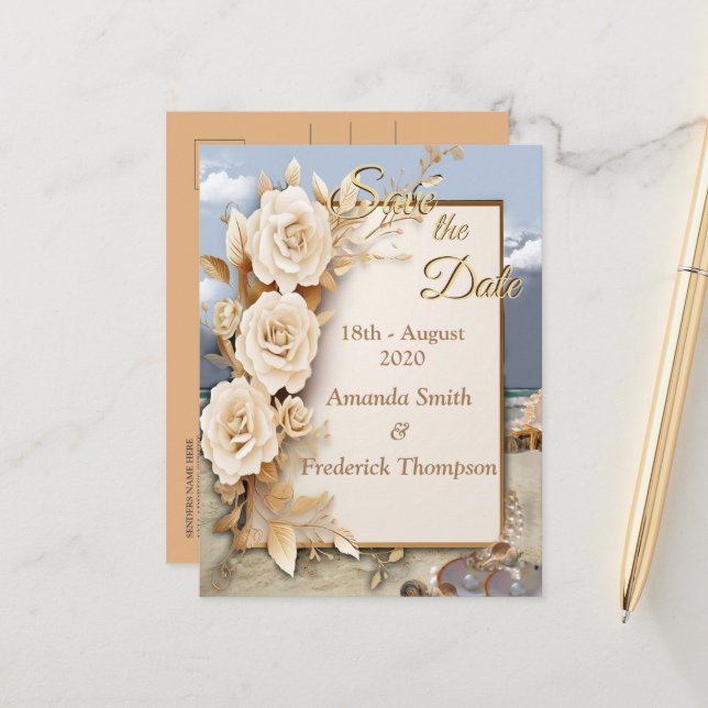 Beach Celebrations with White Flowers and Pearls Announcement Postcard (Front/Back In Situ)