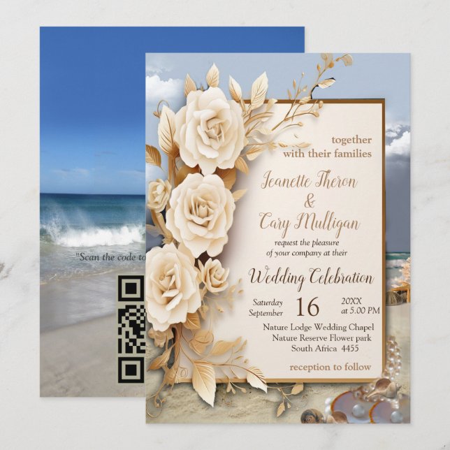 Beach Celebrations with White Flowers and Pearls Invitation (Front/Back)