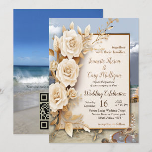 Beach Celebrations with White Flowers and Pearls Invitation