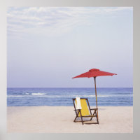 Beach Chair And Umbrella By Ocean
