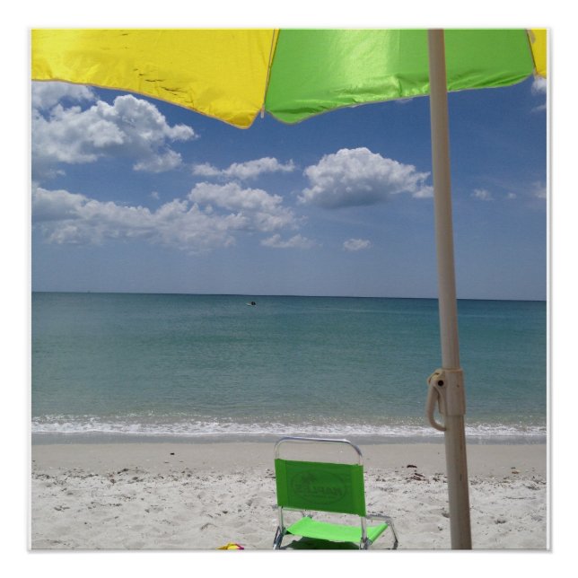 Beach chair and umbrella on the beach poster (Front)