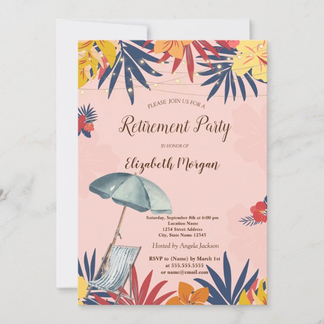 Beach Chair,Parasol,Palm Leaves Hibiscus Invitation (Front)