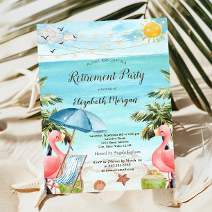 Beach Chair,Parasol,Palm,Pink Flamingos Invitation