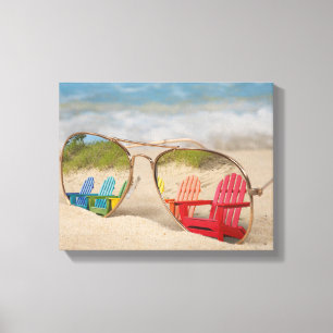 beach chair reflection in aviator sunglasses canvas print