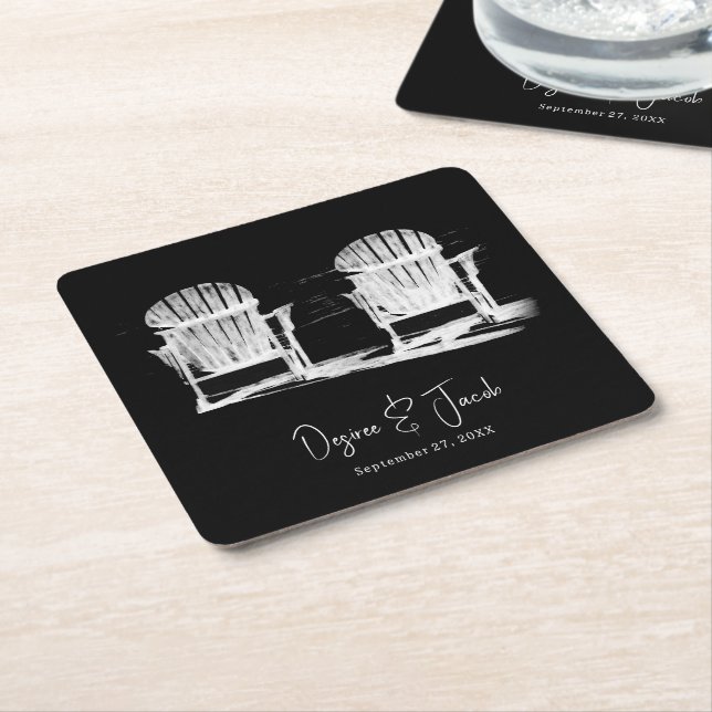 Beach Chairs Black And White Wedding Square Paper Coaster (Angled)