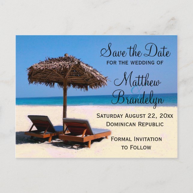 Beach Chairs Destination Wedding Save the Date Announcement Postcard (Front)