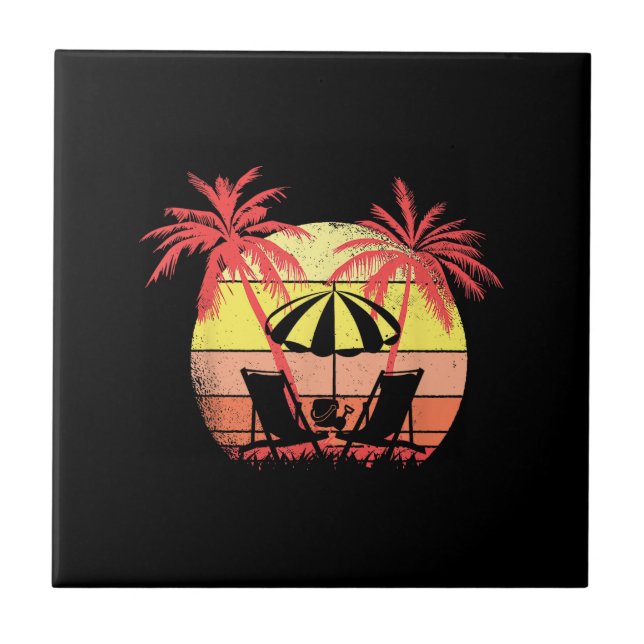 Beach Chairs Parasol Summer Sunset 80s Palm Tree Tile (Front)