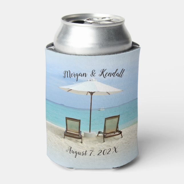 Beach Chairs Personalised Wedding Can Cooler (Can Front)