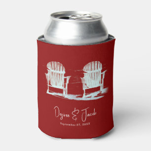 Beach Chairs Red White Rustic Wedding Can Cooler