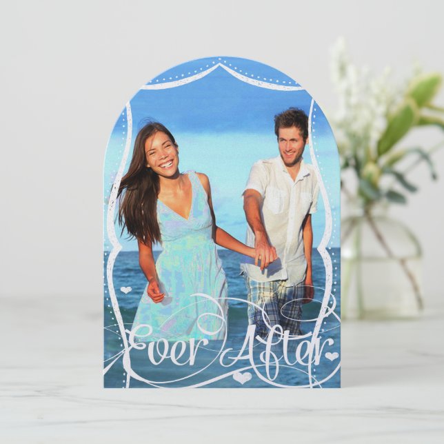 Beach Chalkboard Typography Photo Wedding Invite (Standing Front)