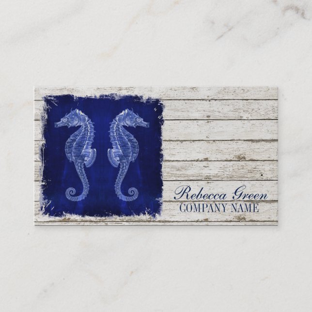 beach chic drift wood nautical blue seahorse business card (Front)