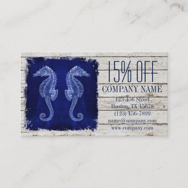 beach chic drift wood nautical blue seahorse business card (Front)