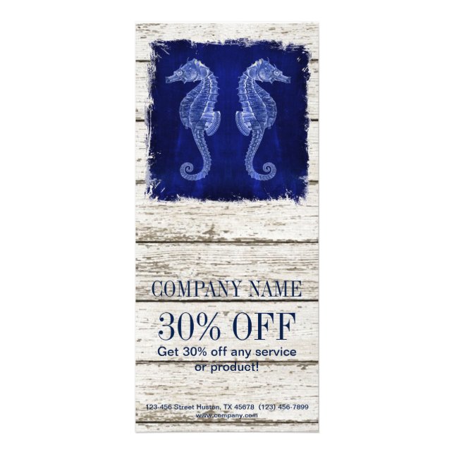 beach chic drift wood nautical blue seahorse rack card (Front)