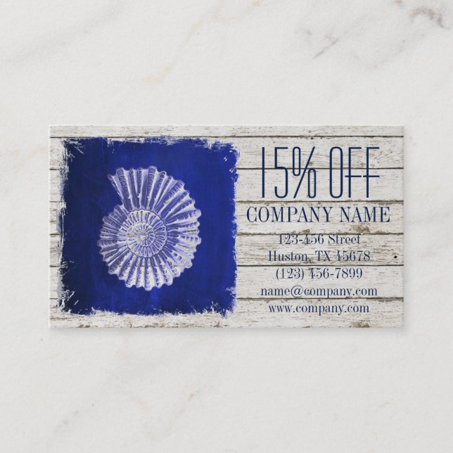 beach chic drift wood nautical blue seashells business card (Front)